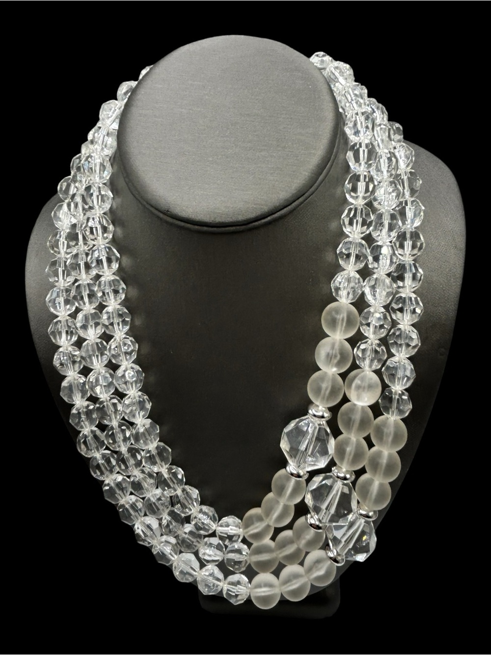 Vintage Trifari Faceted Lucite Bead Asymmetrical Triple Strand Necklace Tags